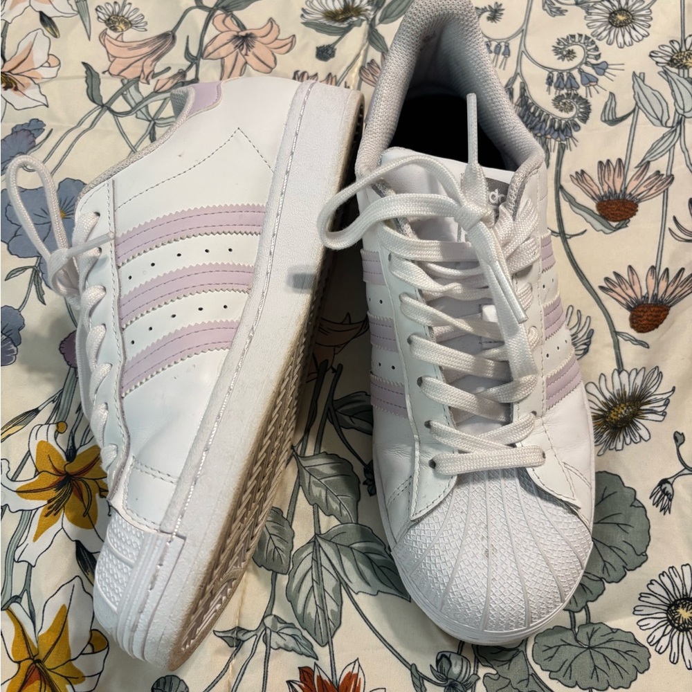 Adidas White and Lilac Superstar Sneakers